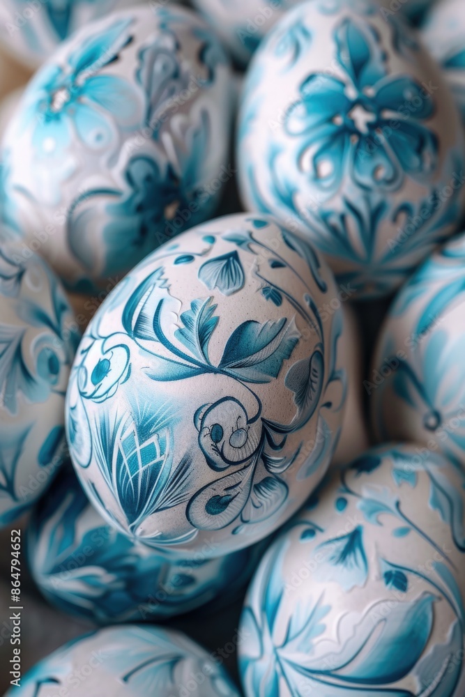 A group of blue and white painted eggs with floral designs. The eggs are arranged in a row and are all different sizes A group of blue and white painted eggs with floral designs. The eggs are arranged in a row and are all different sizes