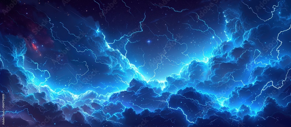 Obraz premium Captivating image of a vibrant electric blue lightning storm illuminating dramatic clouds against a starry night sky.
