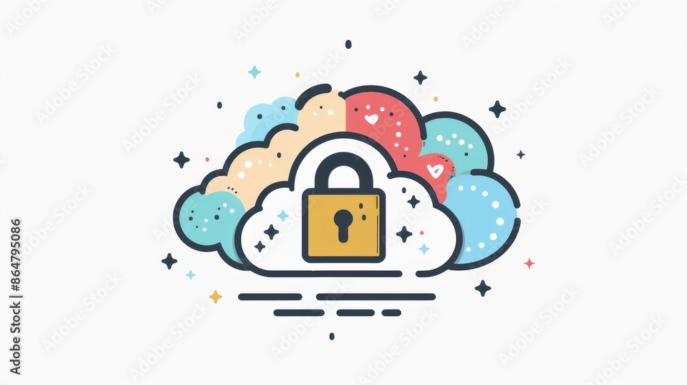 Illustration of a cloud with a lock symbolizing cloud security, data protection, and cybersecurity against a colorful background. Illustration of a cloud with a lock symbolizing cloud security, data protection, and cybersecurity against a colorful background.