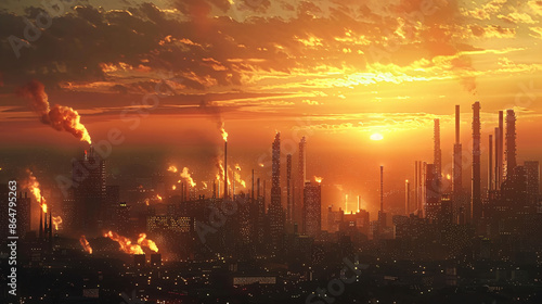 Under a dramatic sunset, oil refinery towers glow in a bustling cityscape, reflecting an oil price hike