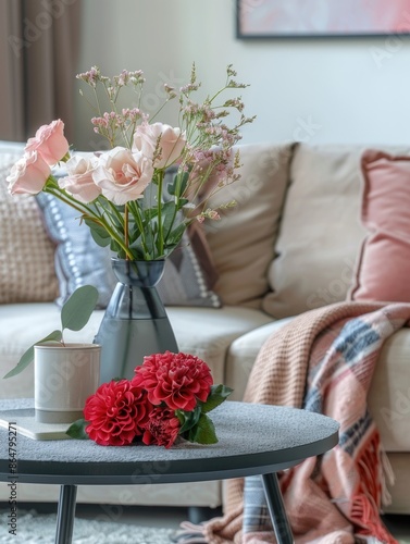 A vase of flowers sits on a table next to a couch. The couch is covered in a blanket and pillows, and there is a picture on the wall. Scene is cozy and inviting