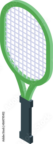 Green tennis racket standing up, representing sport and competition