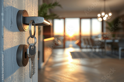 Modern Apartment Interior with Keys on Door Handle and Sunlit Kitchen Dining Area