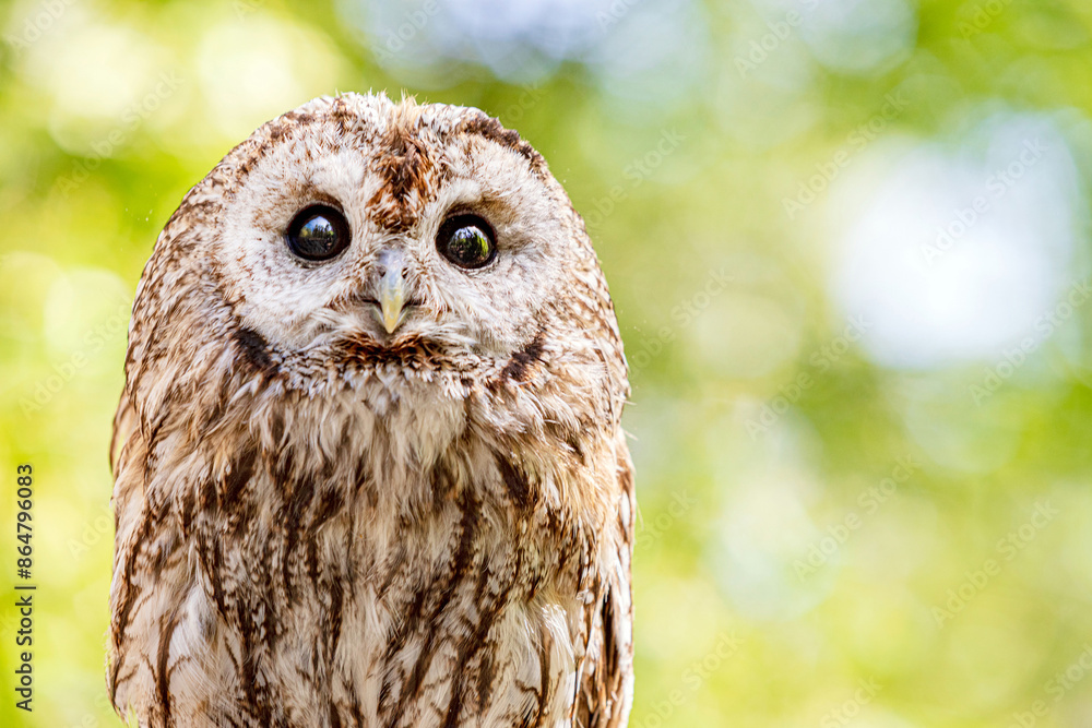 Tawny owl on a background of blurry summer greenery. Cute baby owl. Copy space. Concepts of wisdom, funny cute pet, amulet, summer time, vacation, circadian rhythms, vision, biological illustration. Tawny owl on a background of blurry summer greenery. Cute baby owl. Copy space. Concepts of wisdom, funny cute pet, amulet, summer time, vacation, circadian rhythms, vision, biological illustration.
