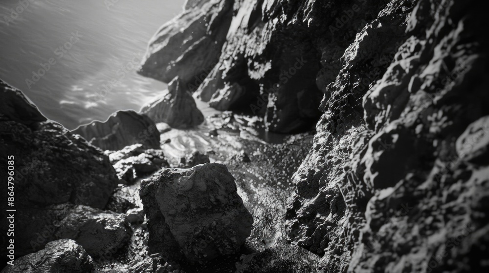 A rocky cliff with a small stream of water running down it. The water is murky and the rocks are jagged. The scene is dark and moody, with the water and rocks creating a sense of isolation and danger A rocky cliff with a small stream of water running down it. The water is murky and the rocks are jagged. The scene is dark and moody, with the water and rocks creating a sense of isolation and danger