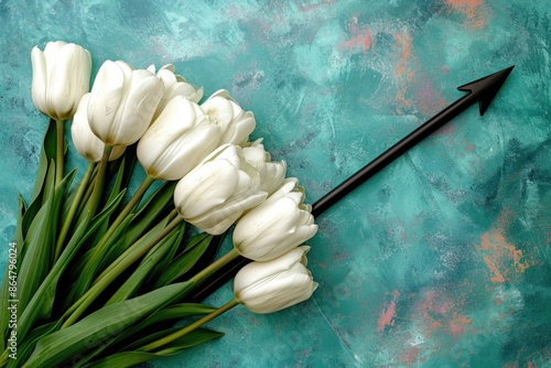 A bouquet of white tulips is arranged in a row, with a black arrow pointing upwards. Concept of growth and progress