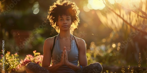 A serene young woman peacefully meditates outdoors in a beautiful natural setting, promoting wellness and relaxation AIG58 photo