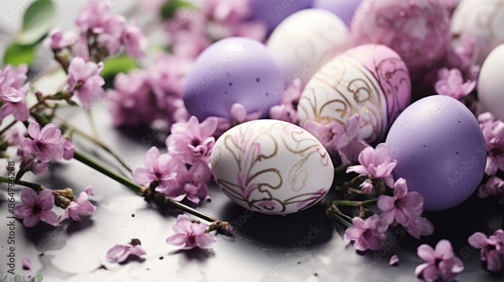 A bunch of eggs with pink and white designs are on top of purple flowers. Concept of springtime and new beginnings, as the eggs symbolize new life and the flowers represent the beauty of nature A bunch of eggs with pink and white designs are on top of purple flowers. Concept of springtime and new beginnings, as the eggs symbolize new life and the flowers represent the beauty of nature