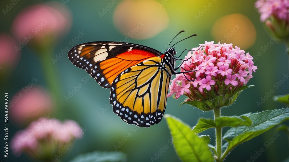 Vibrant Butterfly Feeding on Pink Flowers .Generative AI 3 Vibrant Butterfly Feeding on Pink Flowers .Generative AI 3