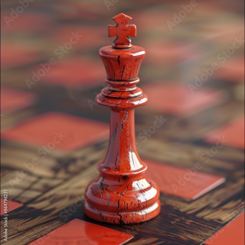 A close-up of a glossy red chess king standing prominently on a patterned chessboard, symbolizing strategy and dominance in the game.