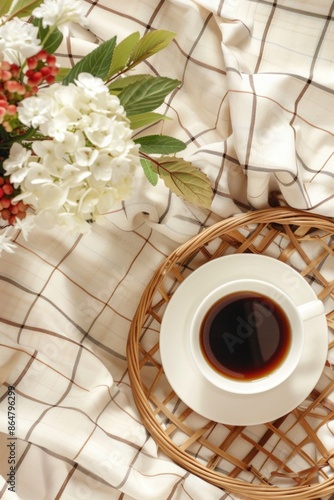 A white coffee cup with a black coffee sitting on a wicker tray. The tray is on a blanket with a floral pattern