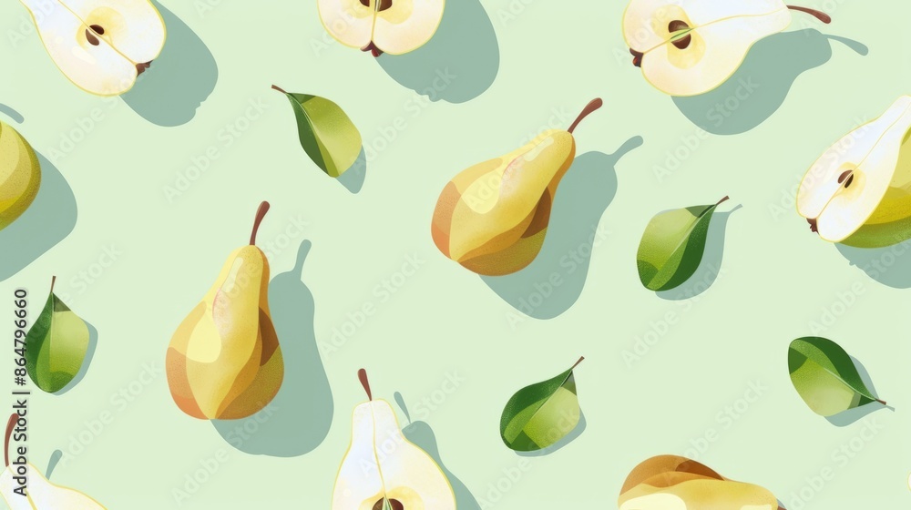 A flat lay illustration of fresh pears and leaves on a light green background A flat lay illustration of fresh pears and leaves on a light green background