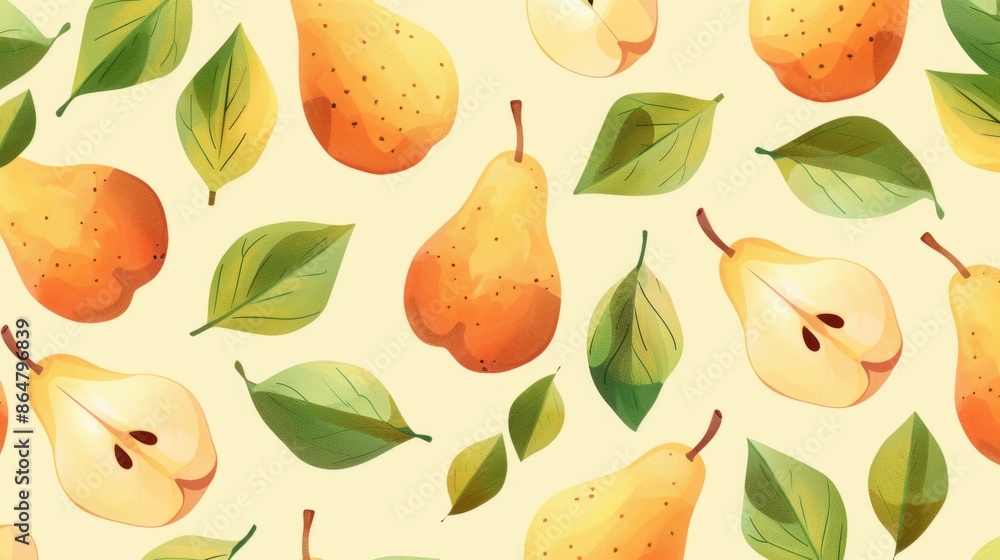 A flat-style illustration featuring pears and leaves on a light yellow background A flat-style illustration featuring pears and leaves on a light yellow background