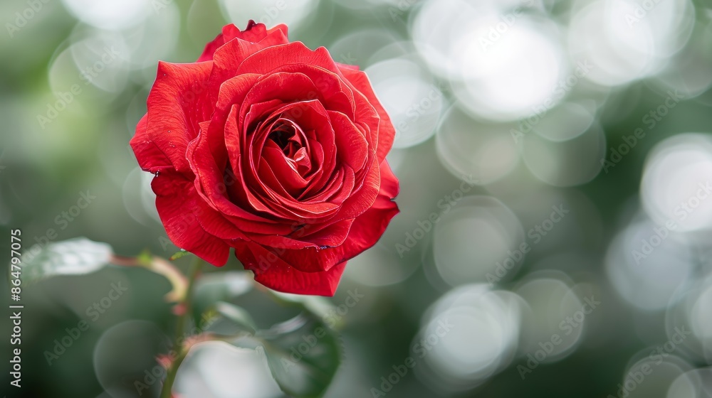 Elegant red rose at peak bloom, capturing its intricate petal structure and vivid red color, set against a soft, blurred backdrop Elegant red rose at peak bloom, capturing its intricate petal structure and vivid red color, set against a soft, blurred backdrop