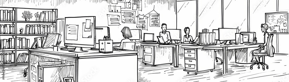 Fototapeta premium Sketch-style illustration of a modern office with people working at desks, computers, and bookshelves in the background.
