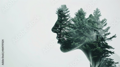 Double exposure of an attractive woman's profile merged with a lush forest environment, creative portrait, detailed textures, serene and abstract © Alpha