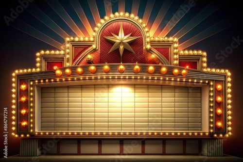 Retro-style cinematic marquee with ornate details, vintage lighting, and blank spaces for film titles or event listings, evoking nostalgic charm and classic Hollywood glamour.