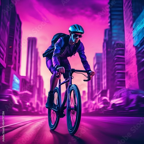 bike courier using a fixed gear bike with a Futuristic Dreamscape theme with Cyberpunk City and Purple Sky and a light trail. photo