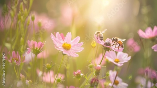 Bees collecting nectar from flowers, with a blurred background, highlighting the importance of pollination and nature's interconnectedness photo