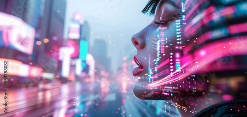 Futuristic cityscape with neon lights blending with a woman's face, symbolizing the fusion of technology and human experience. photo