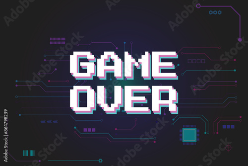 GAME OVER .pixel art .8 bit game. retro game. for game assets in vector illustrations. Retro Futurism Sci-Fi Background. glowing neon grid. and stars.