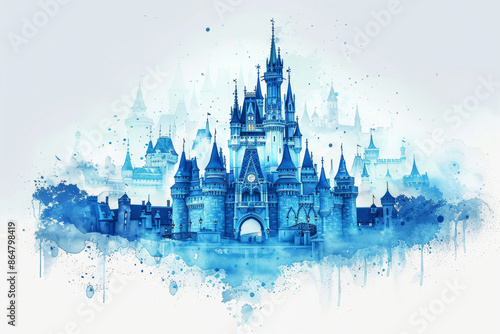 Blue Watercolor Castle Illustration Isolated White Background Simple Minimalistic Pastel Design
