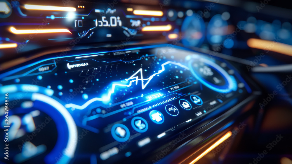 Charge your electric vehicle's battery with this holographic dashboard. It shows the battery's charging status with a lightning bolt and blue lights. Charge your electric vehicle's battery with this holographic dashboard. It shows the battery's charging status with a lightning bolt and blue lights.