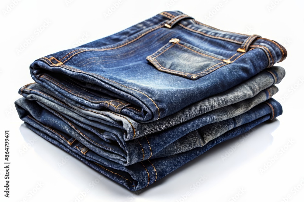 Crisp, dark blue denim jeans, meticulously folded, showcasing intricate stitching, subtle fading, and soft texture against a clean white backdrop, evoking timeless fashion elegance. Crisp, dark blue denim jeans, meticulously folded, showcasing intricate stitching, subtle fading, and soft texture against a clean white backdrop, evoking timeless fashion elegance.