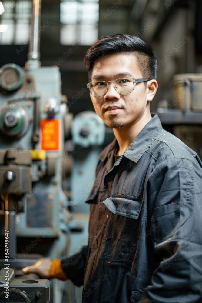 23. Portrait of an Asian production worker operating machinery, high quality photo, photorealistic, focused expression, professional setting 23. Portrait of an Asian production worker operating machinery, high quality photo, photorealistic, focused expression, professional setting