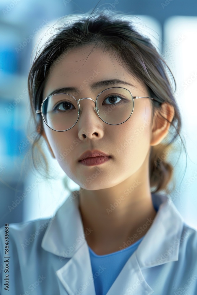 24. Portrait of an Asian lab technician recording test results, high detail, photorealistic, serious expression, bright environment 24. Portrait of an Asian lab technician recording test results, high detail, photorealistic, serious expression, bright environment