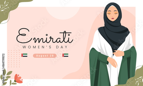 Emirates Women's Day Design with Female with Hijab Vector Illustration. Emirati Womens Day Template Suitable for Poster Banner Flyer Background. UAE Women's Day August.