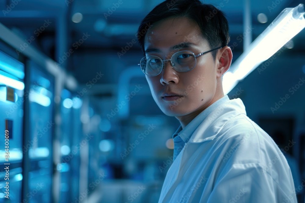 34. Portrait of an Asian quality control specialist inspecting finished products, high quality photo, photorealistic, serious expression, studio lighting 34. Portrait of an Asian quality control specialist inspecting finished products, high quality photo, photorealistic, serious expression, studio lighting