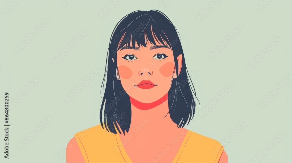 A simplified and clean flat style illustration of a young Asian woman with a neutral background A simplified and clean flat style illustration of a young Asian woman with a neutral background