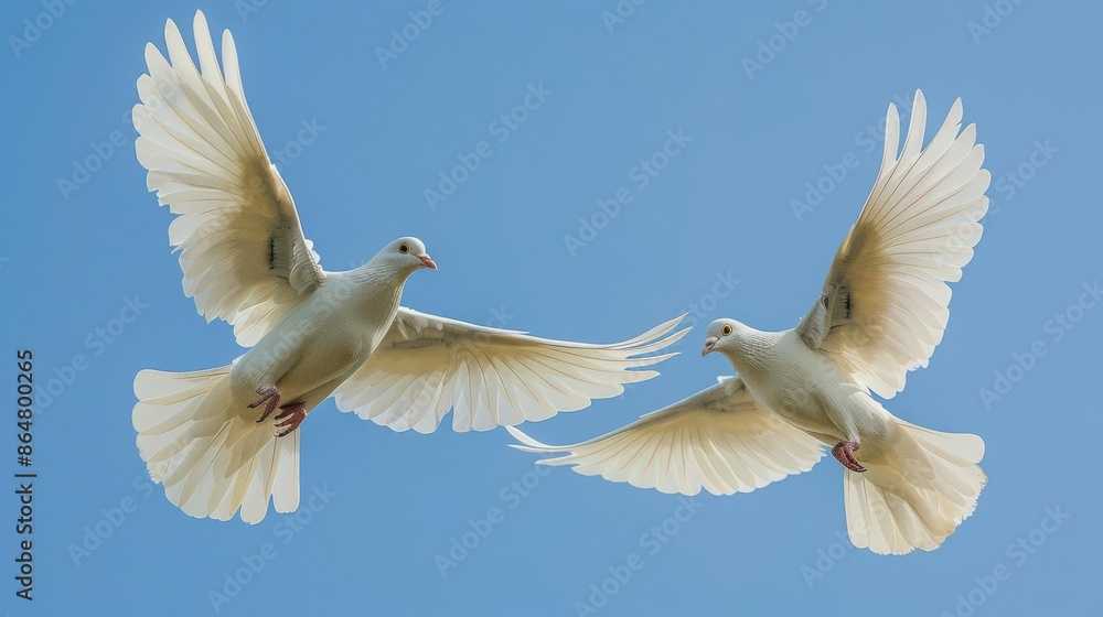 Fototapeta premium A pair of white doves soaring through a clear blue sky, Freedom, Realistic, Bright Tones, Symbolizing peace and harmony in nature