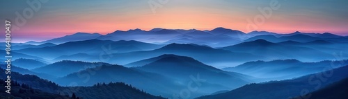 A mountain range bathed in the soft glow of sunrise, Horizon, Digital Art, Cool to Warm Gradient, Representing the peaceful transition from night to day and the promise of renewal