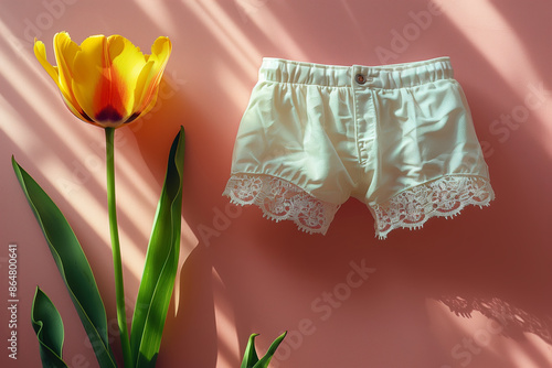 Wallpaper Mural National Underwear Day. A pair of white, low waist women's shorts with lace details on the side pocket and leg opening is placed against a pink background, with tulips lying next to it.  Torontodigital.ca