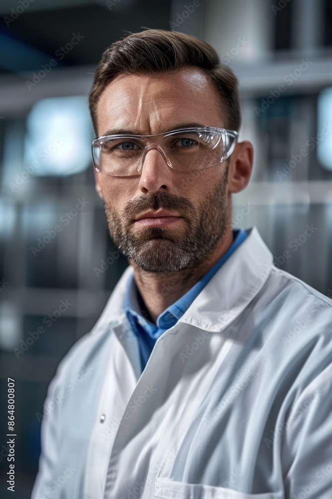 Obraz premium 9. Portrait of a Western quality control specialist inspecting finished products, high quality photo, photorealistic, serious expression, studio lighting