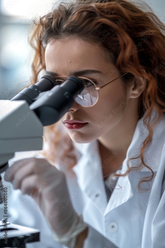 12. Portrait of a Western chemist analyzing cosmetic samples under a microscope, high detail, photorealistic, focused expression, bright lab 12. Portrait of a Western chemist analyzing cosmetic samples under a microscope, high detail, photorealistic, focused expression, bright lab