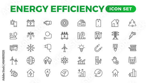 "Energy efficiency icon set. Calculator, energy-saving light bulb, piggy bank, solar panel, circular economy, battery, home insulation, energy class vector illustration.