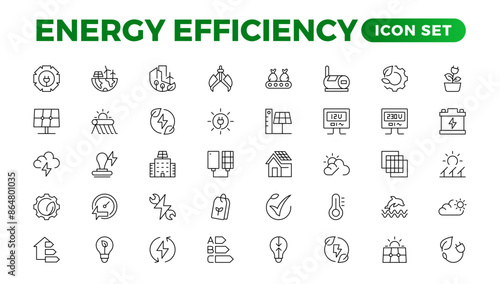 "Energy efficiency icon set. Calculator, energy-saving light bulb, piggy bank, solar panel, circular economy, battery, home insulation, energy class vector illustration.