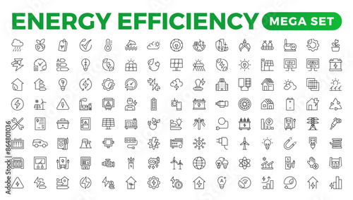 "Energy efficiency icon set. Calculator, energy-saving light bulb, piggy bank, solar panel, circular economy, battery, home insulation, energy class vector illustration.