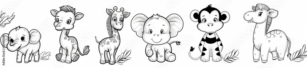 Fototapeta premium Cute Cartoon Jungle Animals Coloring Page - Elephant, Zebra, Giraffe, Monkey, Gazelle for Kids Simple Thick Lines Vector Illustration
