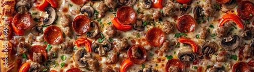 Close-up of a freshly baked pizza with pepperoni, sausage, mushrooms, and red peppers, garnished with fresh herbs. photo