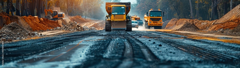 Heavy machinery and trucks working on road construction in an urban area, with a focus on asphalt paving and infrastructure development. Heavy machinery and trucks working on road construction in an urban area, with a focus on asphalt paving and infrastructure development.