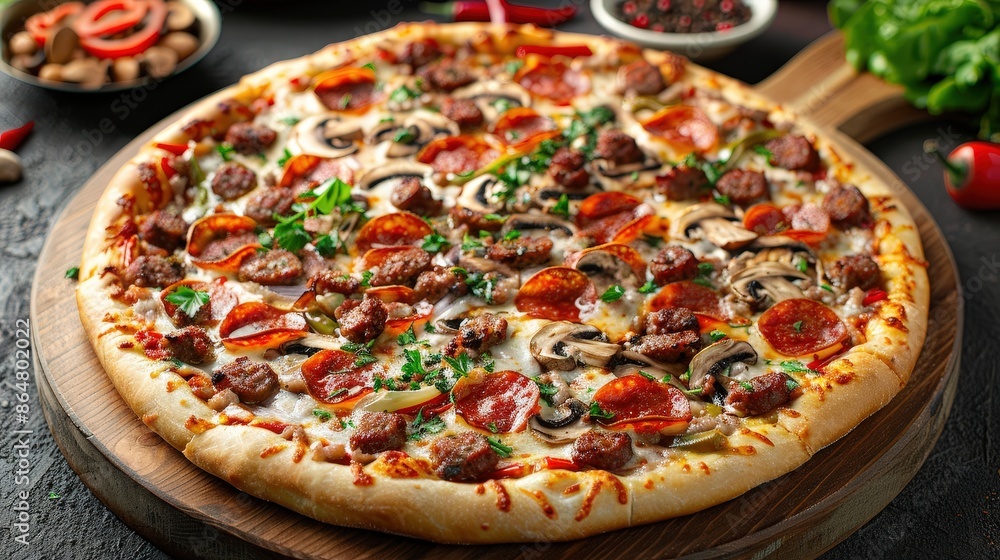 Close-up of a freshly baked pizza topped with pepperoni, sausage, mushrooms, and fresh herbs on a wooden board. Close-up of a freshly baked pizza topped with pepperoni, sausage, mushrooms, and fresh herbs on a wooden board.