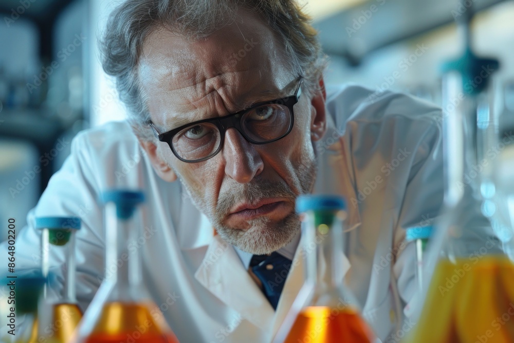 47. Portrait of a Western quality assurance manager supervising lab tests, high detail, photorealistic, serious expression, bright lab 47. Portrait of a Western quality assurance manager supervising lab tests, high detail, photorealistic, serious expression, bright lab