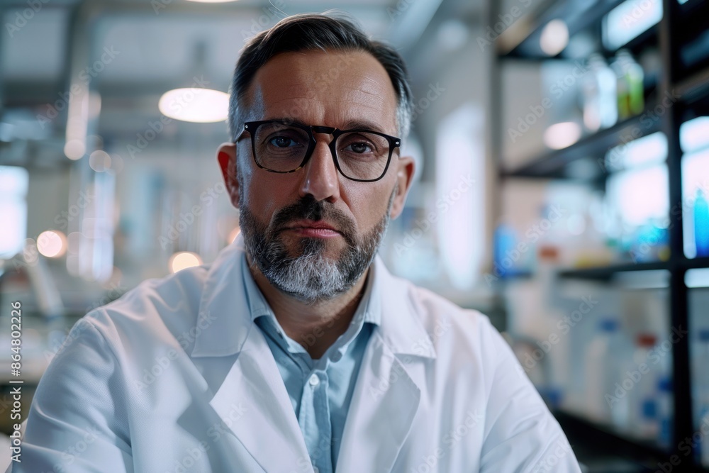 47. Portrait of a Western quality assurance manager supervising lab tests, high detail, photorealistic, serious expression, bright lab 47. Portrait of a Western quality assurance manager supervising lab tests, high detail, photorealistic, serious expression, bright lab