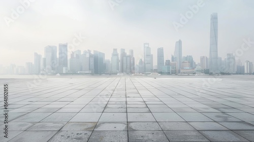 Empty square floor with city skyline background, Contemporary urban square showcasing architectural diversity, aerial view