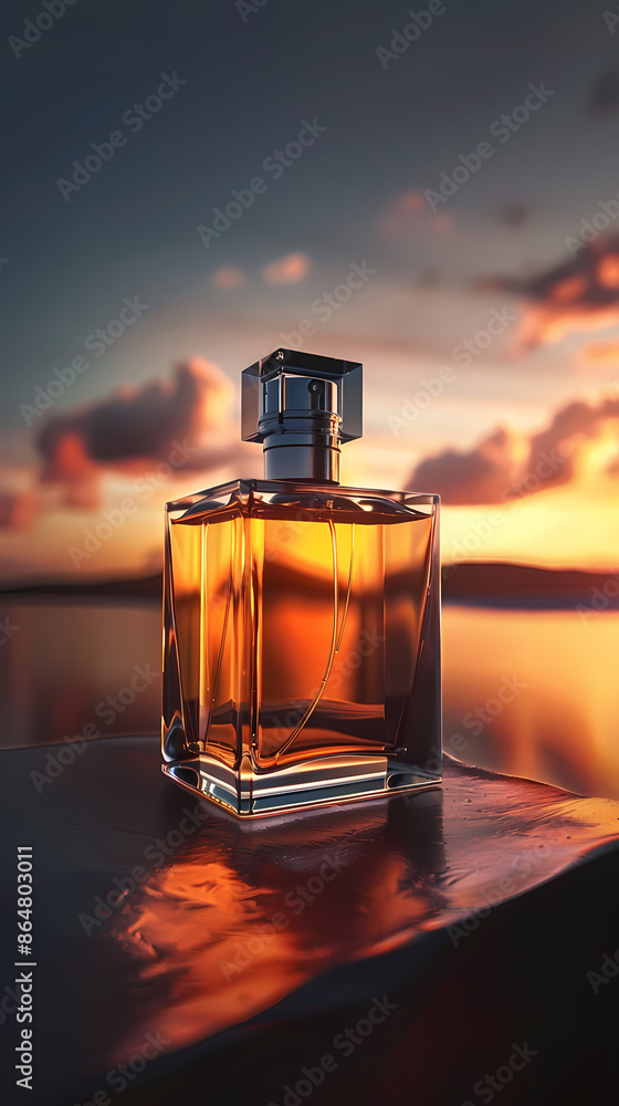 A bottle of perfume stands on the water A bottle of perfume stands on the water