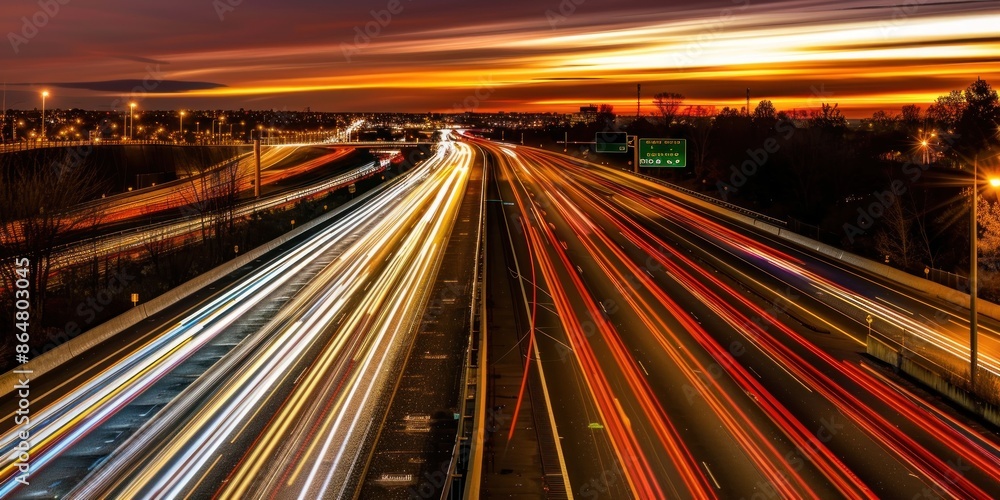 Long exposure photograph of a busy highway at night, capturing vibrant light trails of vehicles and showcasing the dynamic motion and energy of urban traffic. Long exposure photograph of a busy highway at night, capturing vibrant light trails of vehicles and showcasing the dynamic motion and energy of urban traffic.